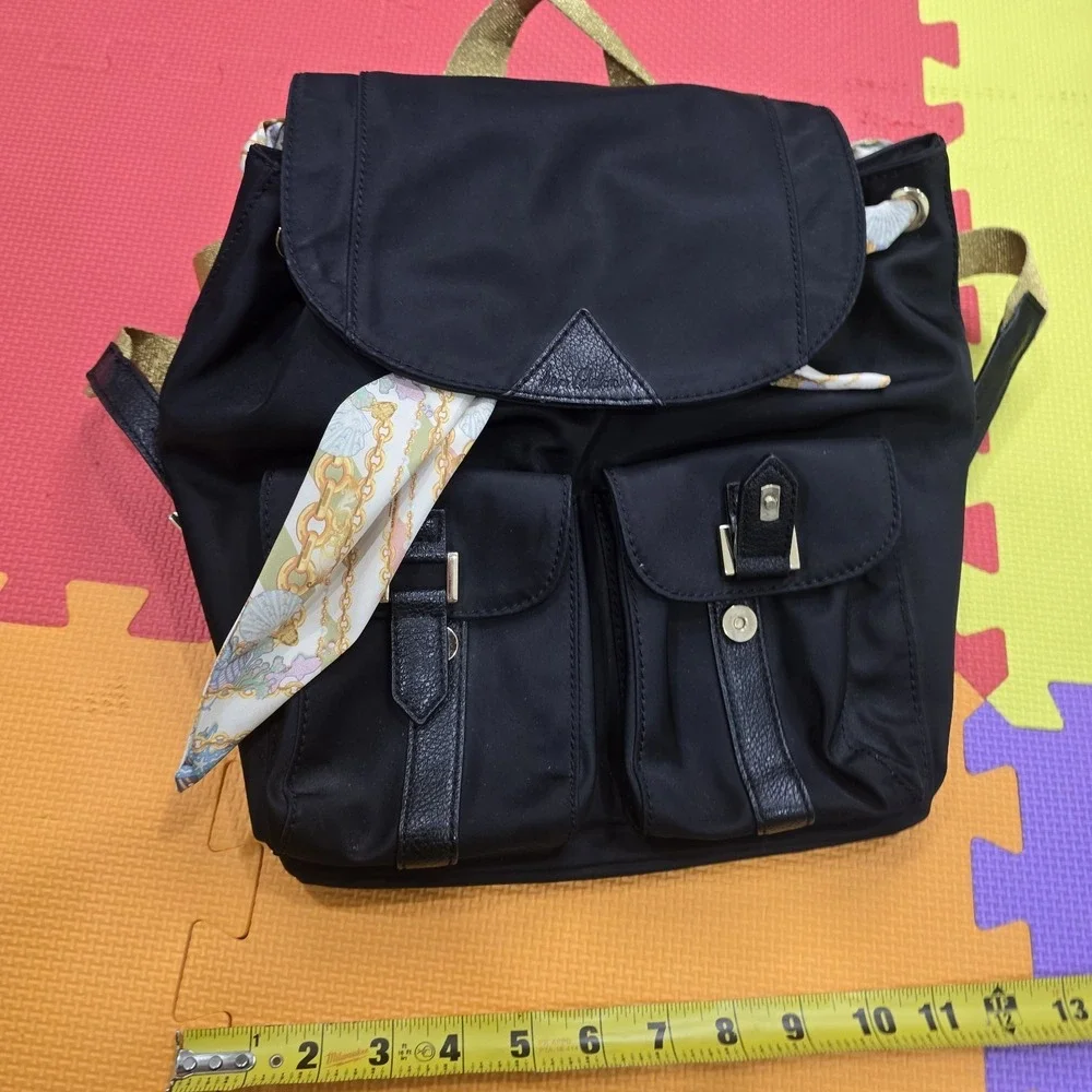Sam Edelman‎ Black Nylon Backpack Gold Hardware Scarf Drawstring Flap Pocket...